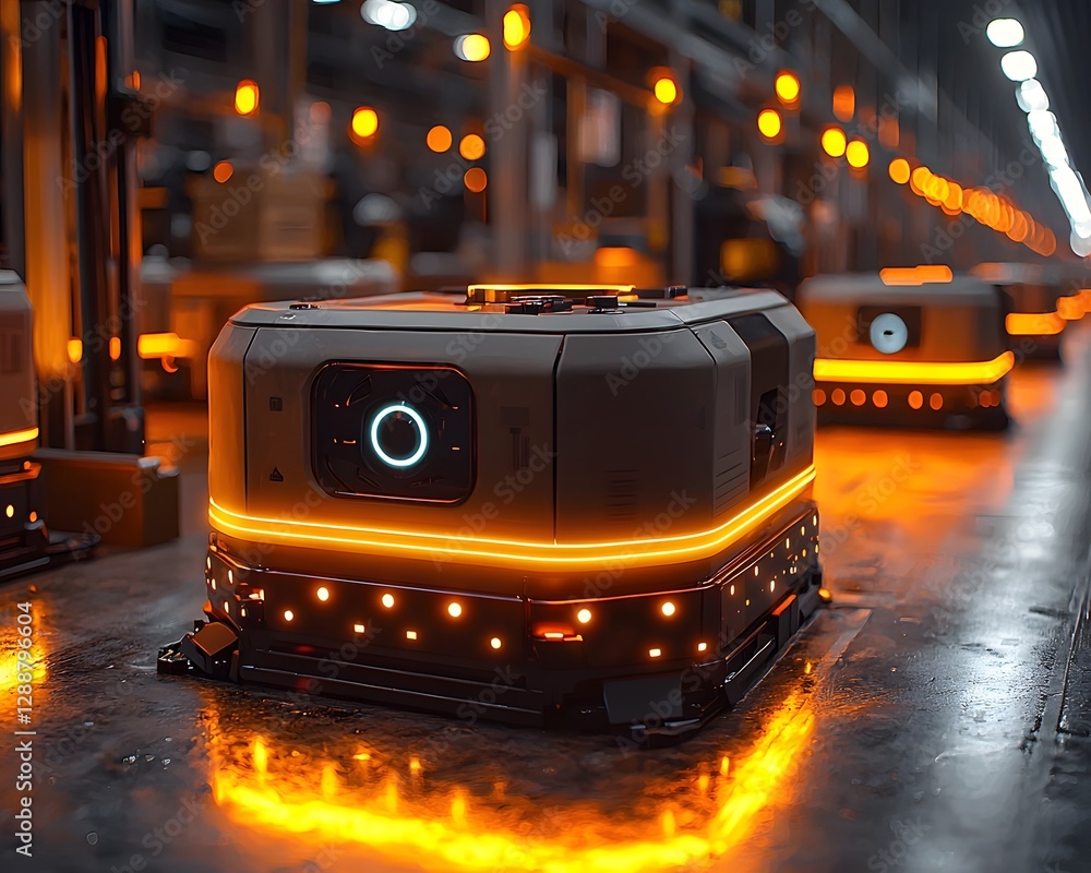 Poster automated robots stacking glowing boxes in futuristic warehouse symbolizing efficiency and innovatio