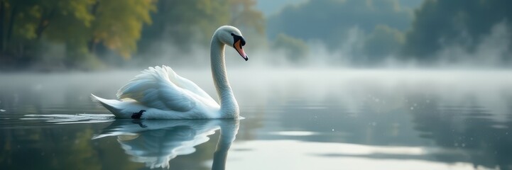 Fototapeta premium Elegant white swan glides on misty lake, reflection visible , peaceful, avian