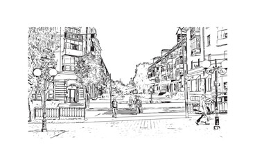 Print Building view with landmark of Chernihiv Ukraine city. Hand drawn sketch illustration in vector.