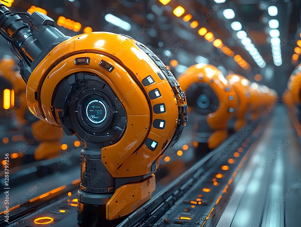 Poster high tech factory with glowing automated assembly line for efficient business supply chain