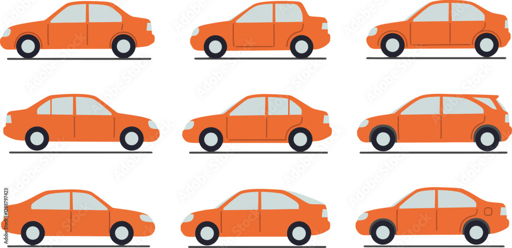 Aufkleber orange cars displayed in a grid showcasing different styles and designs from multiple angles