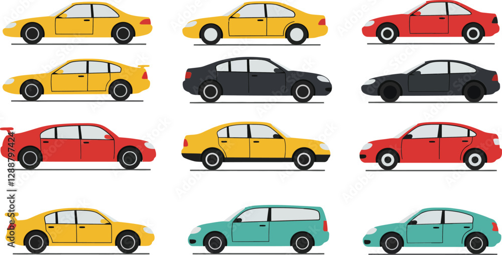 Poster multiple car illustrations in various colors and styles arranged in a grid formation