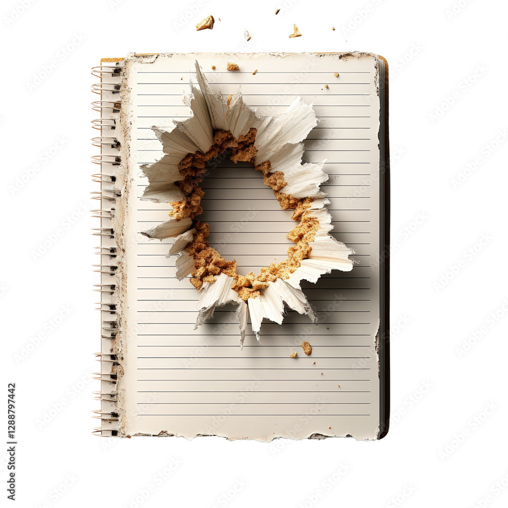 Poster White notebook with a flower placed on top resting on a wooden surface in a bright and airy environment isolated on transparent background..