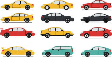 Multiple car illustrations in various colors and styles arranged in a grid formation