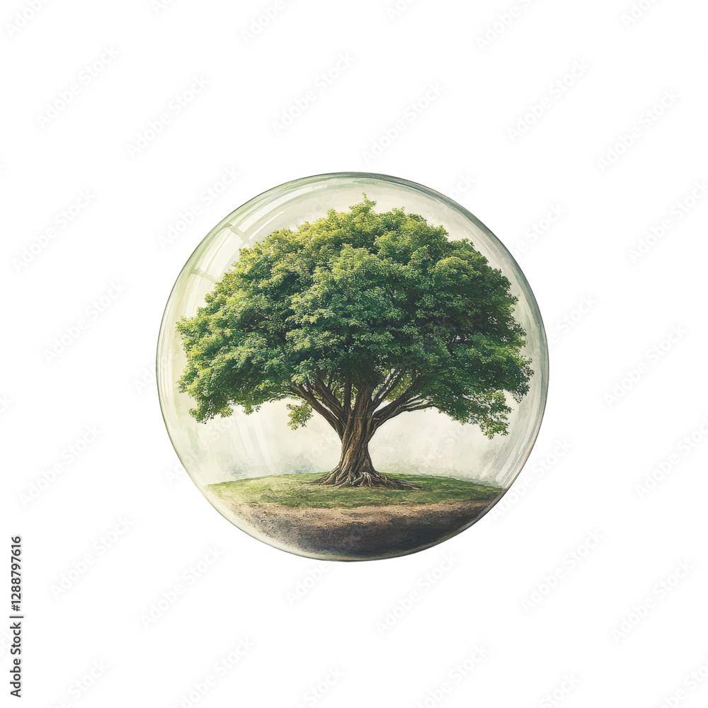 Poster tree encased in glass sphere on a dark background with reflections and shadows isolated on transpare
