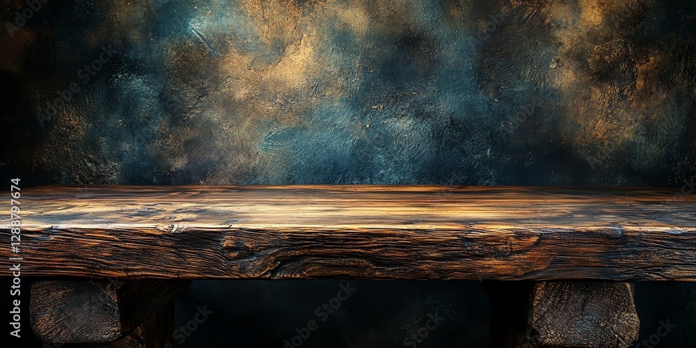 Poster rustic wooden tabletop with dark abstract background for product display