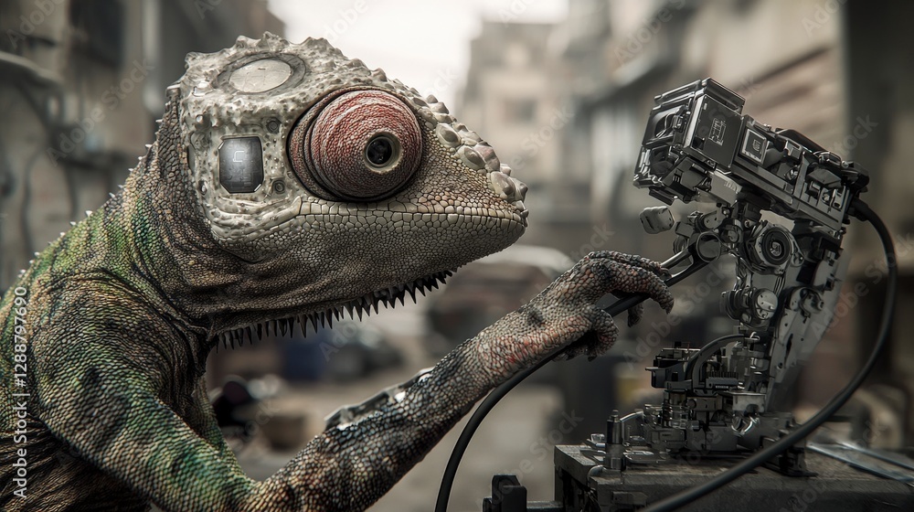Poster chameleon roboticist creating innovative devices in high-tech workshop urban environment futuristic 