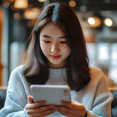 Young woman engaged with mobile device in cozy cafe setting during afternoon hours