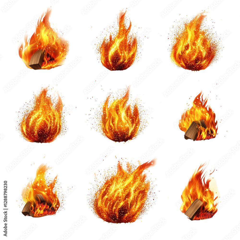 Poster realistic fire flames isolated on transparent background for design and creative projects isolated o