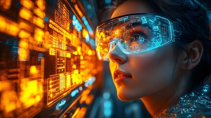 Futuristic Factory Worker Wearing Glasses Monitoring Real Time Production Metrics on Conveyor Belt