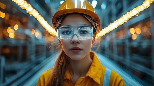 AR Equipped Factory Worker Monitoring Real Time Production Metrics on Conveyor Belt