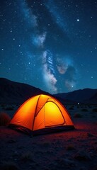Vibrant orange tent glows against a breathtaking desert night sky Peaceful camping scene , night photography, stillness
