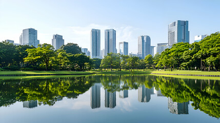 Fototapeta premium Modern City Park with Lake Reflection