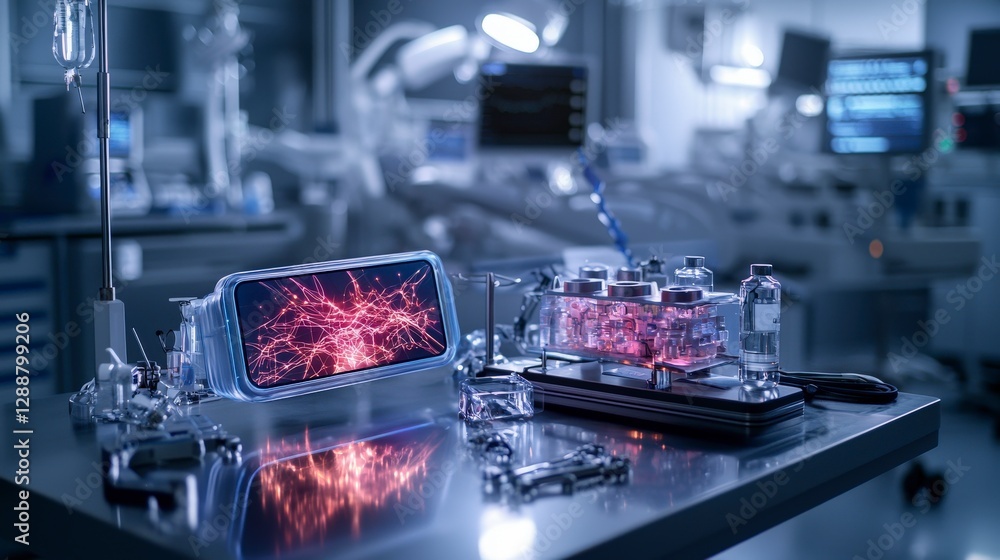 Aufkleber Secure holographic data exchange between two glowing devices in futuristic lab environment