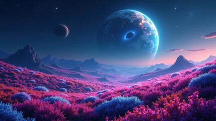 A planet covered in endless fields of bioluminescent flora, pulsating in rhythmic waves of neon light beneath a sky filled with drifting stardust.
