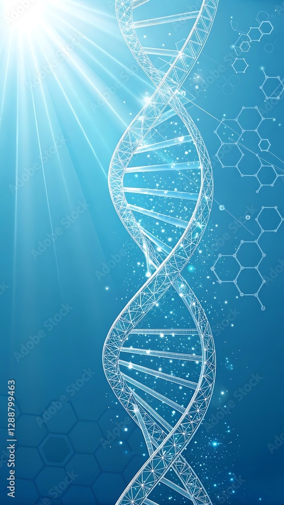 Poster abstract dna helix blue science background with glowing rays and hexagons
