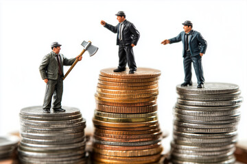 Miniature business figures standing on stacks of coins, symbolizing financial growth, success, and career advancement. Wealth, investment and corporate hierarchy concept. Sharp focus, clean background