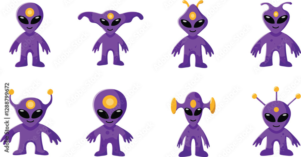 Poster Colorful animated alien characters showcasing various playful expressions and features in a grid layout