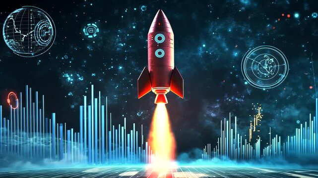 A vibrant rocket launching into space with digital graphs and cosmic elements in the background