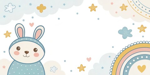an adorable illustration of a cute bunny with a charming rainbow background