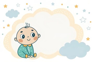 an adorable illustration of a baby with a cloud frame, stars, and clouds background. perfect for birth announcements or baby-related designs