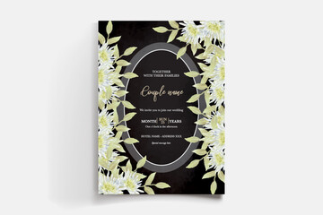 WEDDING INVITATION FRAME WITH FLOWER DECORATIONS AND FRESH LEAVES 
