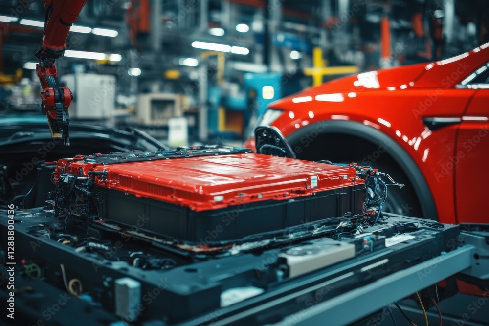 Aufkleber robotic arm installing battery pack into electric car at manufacturing facility with precision and e