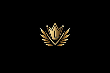 A logo design featuring the letter L and a crown, with simple lines, vector graphics, and a flat style