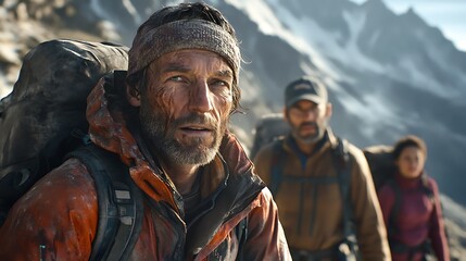 Three climbers on a snowy mountain, facing challenges and conquering nature.