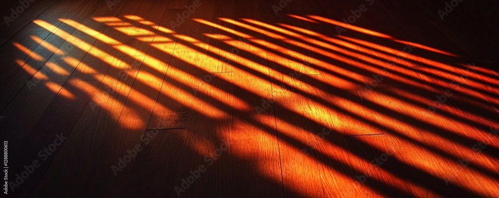 Poster abstract patterns of shadows cast by window blinds on a wooden floor