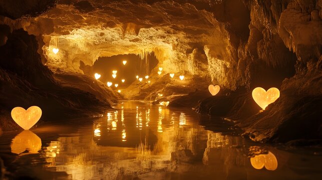 Romantic cave scene, softly glowing heart lights reflecting in tranquil water, perfect for love-themed projects and events.