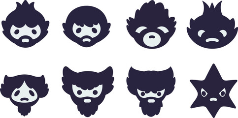 Obraz premium Eight unique character designs showcasing different facial expressions and hairstyles in a playful style