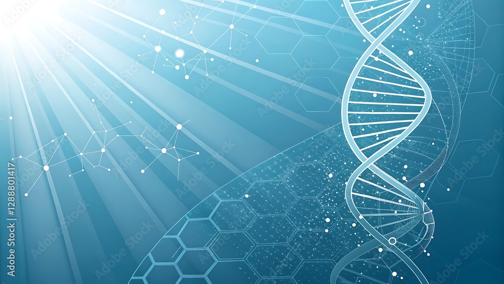 Poster abstract dna helix blue science background with glowing rays and hexagons