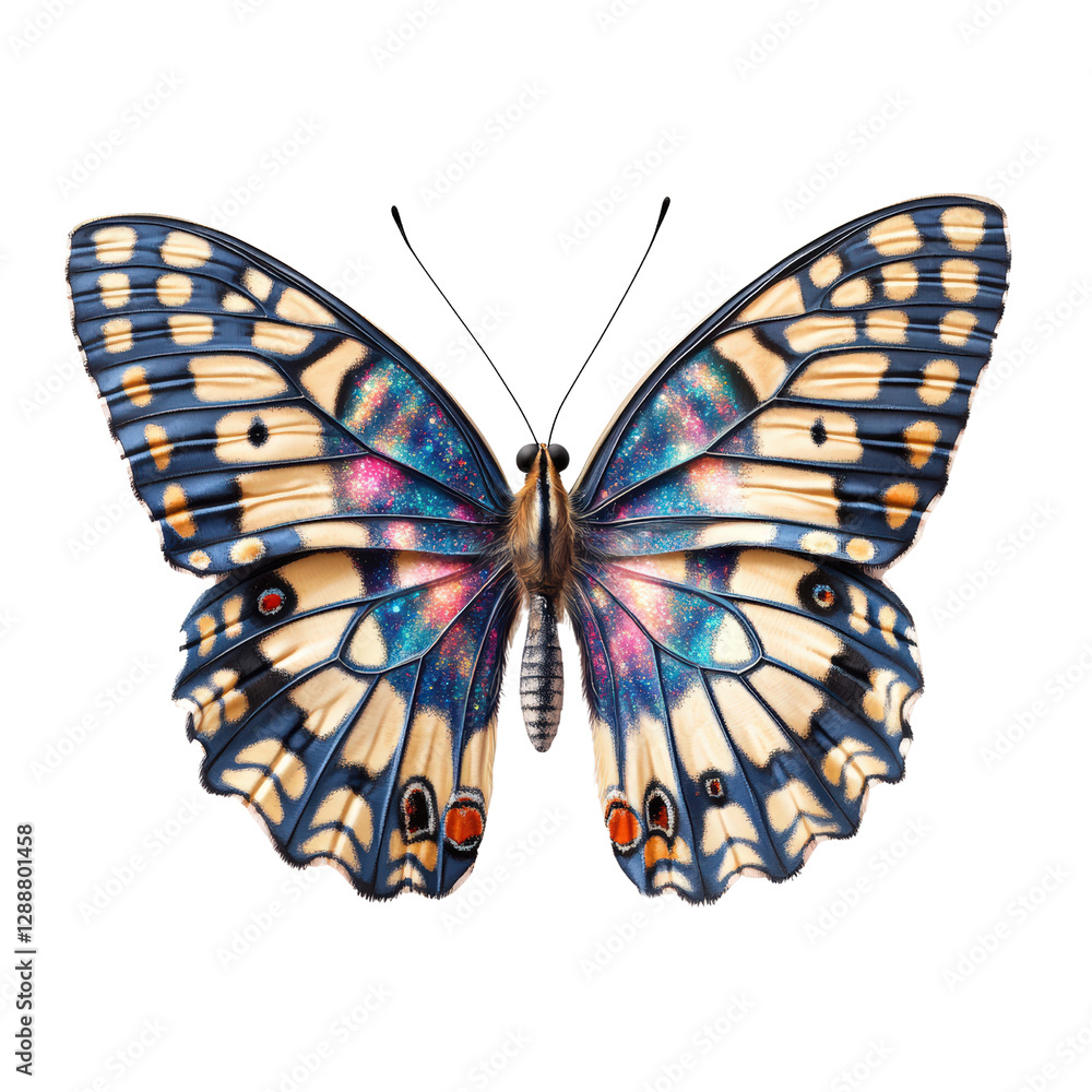 Poster close-up of a butterfly displaying vibrant wings resting on a flower in a natural setting isolated o