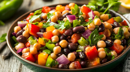 Vibrant and healthy bean salad, featuring chickpeas, black beans, bell peppers, and red onion, perfect for a summer meal.