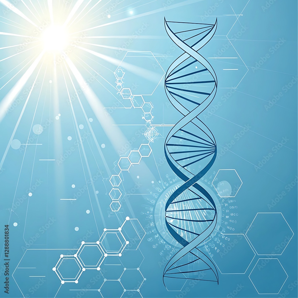 Aufkleber abstract dna helix blue science background with glowing rays and hexagons