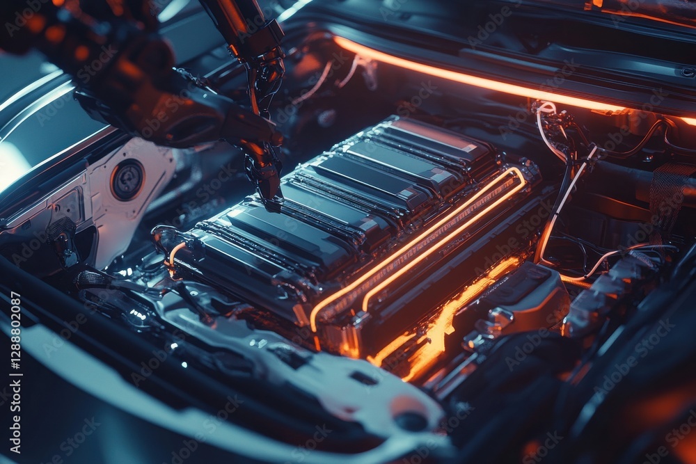 Poster robotic arm installing battery pack into electric car with high-tech illuminated engine compartment 