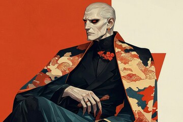 Fototapeta premium Elegant Man in Ornate Kimono-Style Robe, Artistic Portrait