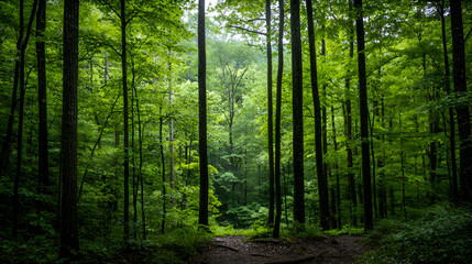 Fototapeta premium Lush Green Forest Path Sunlight Dappled Canopy