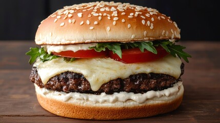Juicy Burger with Melted Cheese and Fresh Toppings on Bun