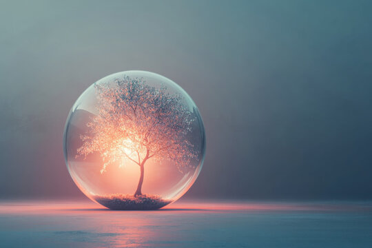 A lone tree encased in a glass sphere emits a warm glowing light, symbolizing protection and serenity against a soft, gradient background.