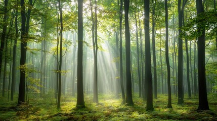 Obraz premium Serene Sunlight Filtering Through Lush Green Forest Canopy in a Tranquil Nature Setting