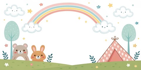 Naklejka premium a whimsical illustration of a rainbow and adorable forest creatures creates a charming and playful scene, perfect for children's designs