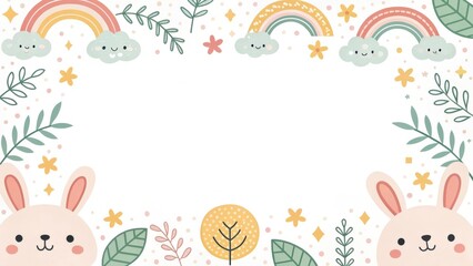 a cute frame features rainbow and rabbits, perfect for kids or spring designs