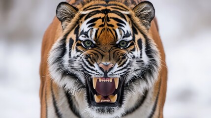 Naklejka premium A fierce tiger bares sharp teeth in an intense close-up, showcasing vibrant fur patterns and powerful musculature on its head and upper torso. 