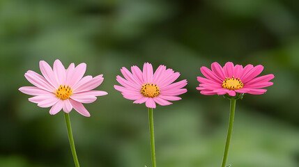 Obraz premium Three Pink Cosmos Flowers Blooming in a Garden