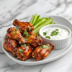 Fototapeta premium Spicy Buffalo Chicken Wings with Ranch Dip in Side Angle