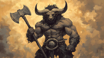Ancient greek Mythology, myth creature Minotaur, Man with bull head. illustration