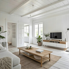 Moderna Scandinavica et minimalista exedra, lineis puris, tonis neutralibus, texturis commodis, supellectile eleganti, luce naturali et decore functionali atque venusto.