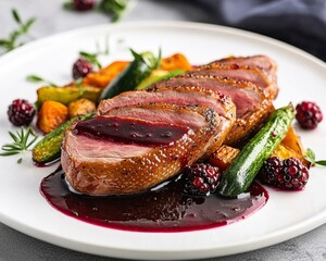 Gourmet Duck Breast Plated with Berry Sauce and Seasonal Vegetables